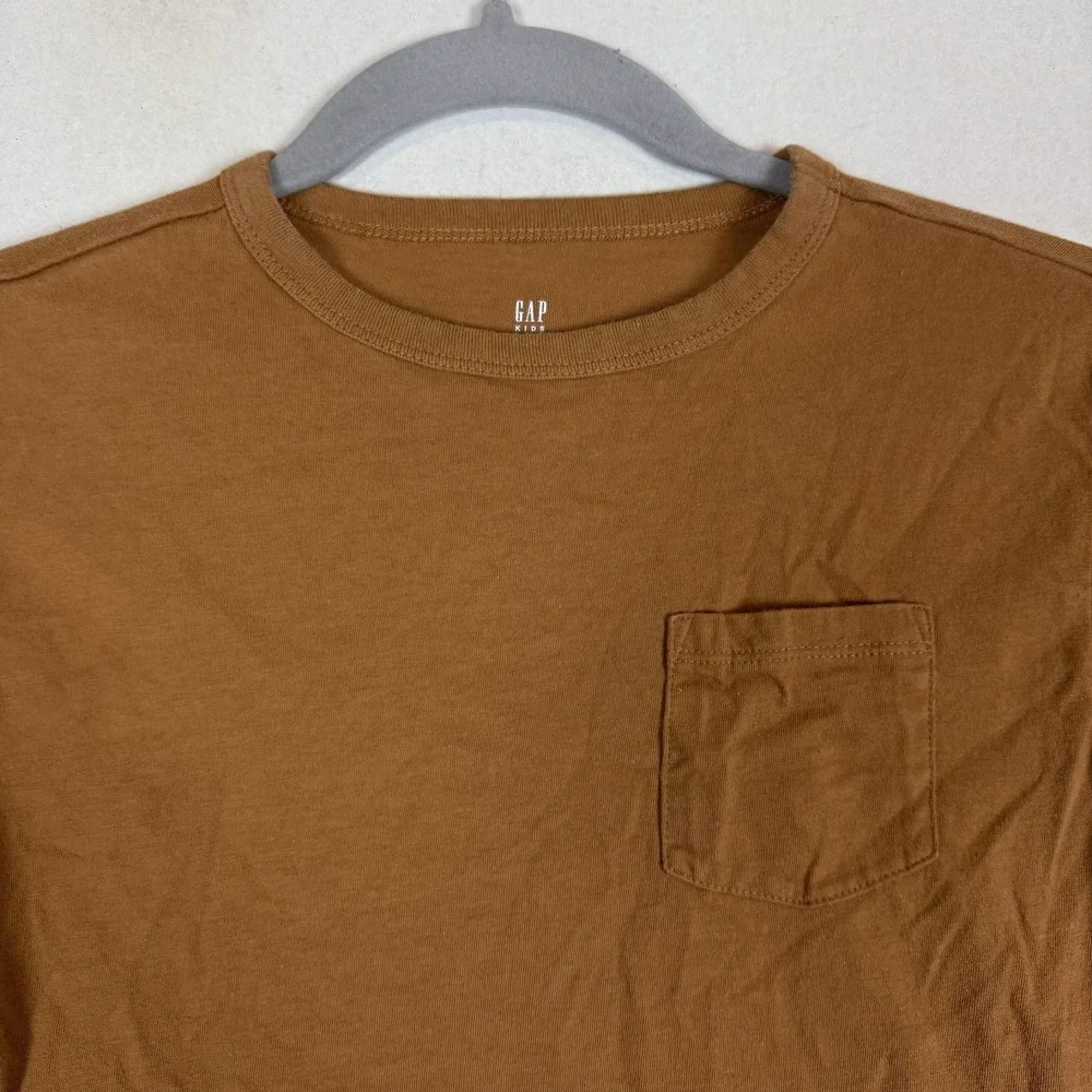 Gap Shirt Kids S 6-7 Brown Solid Long Sleeve Crewneck Pocket Tee Jersey Top